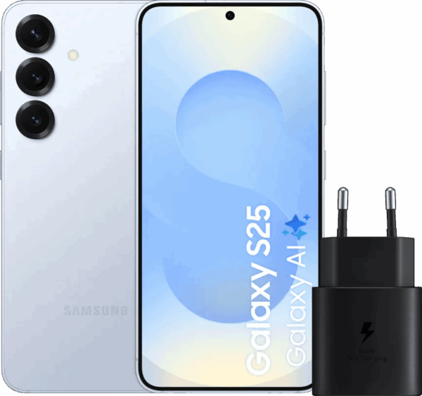 Samsung Galaxy S25 128GB Lichtblauw 5G + Samsung Oplader 25 Watt Zwart