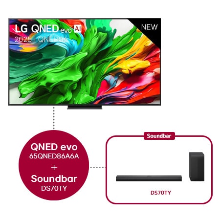65 inch LG QNED evo AI QNED86 MiniLED 4K Smart TV 65QNED86A6A & DS70TY soundbars - 65QNED86A6A.DS70TY