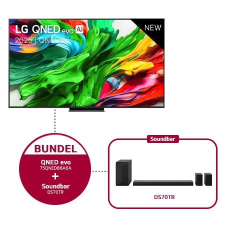 75 inch LG QNED evo AI QNED86 MiniLED 4K Smart TV 75QNED86A6A & DS70TR 5.1.1-kanaals soundbars - 75QNED86A6A.DS70TR