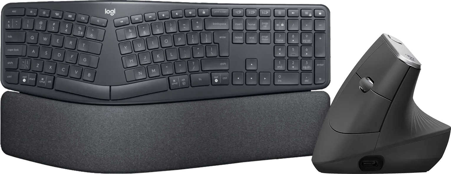 Logitech k860 + logitech mx vertical ergo muis 1 Logitech k860 + logitech mx vertical ergo muis