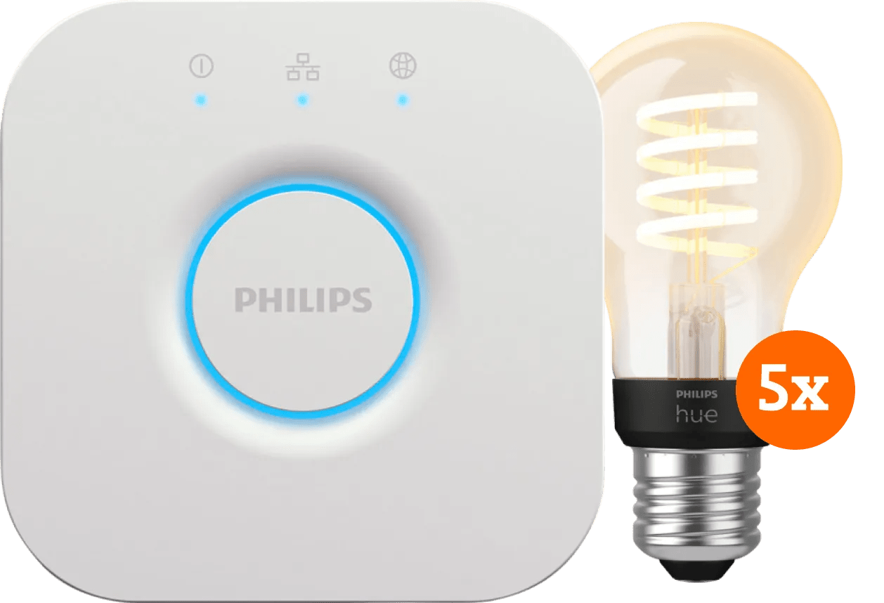 Philips hue filament white ambiance standaard 5-pack + bridge 1 Philips hue filament white ambiance standaard 5-pack + bridge
