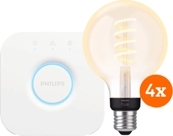 Philips Hue Filament White Ambiance Globe 4-Pack + Bridge