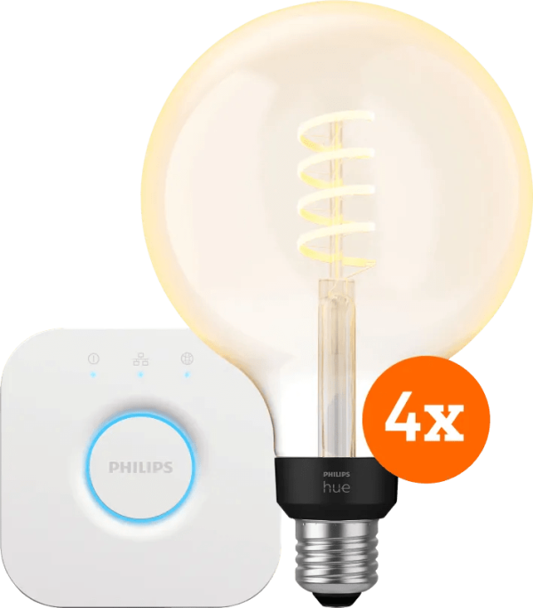 Philips Hue Filament White Ambiance Globe XL 4-Pack + Bridge