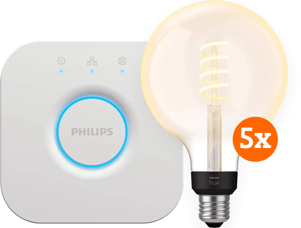 Philips Hue Filament White Ambiance Globe XL 5-Pack + Bridge