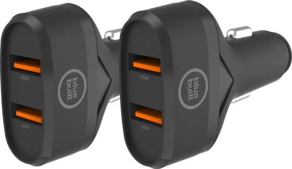 BlueBuilt Quick Charge Autolader met 2 Usb A Poorten 18W Zwart Duo Pack