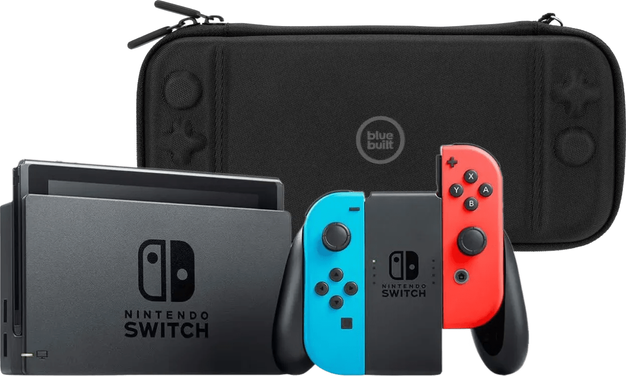 Nintendo switch rood/blauw + bluebuilt beschermhoes 1 Nintendo switch rood/blauw + bluebuilt beschermhoes