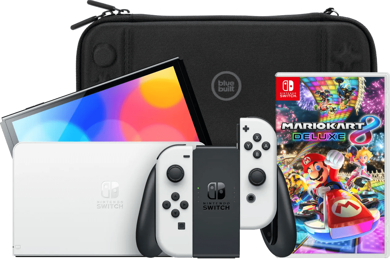 Nintendo switch oled wit + mario kart 8 deluxe + bluebuilt beschermhoes 1 Nintendo switch oled wit + mario kart 8 deluxe + bluebuilt beschermhoes