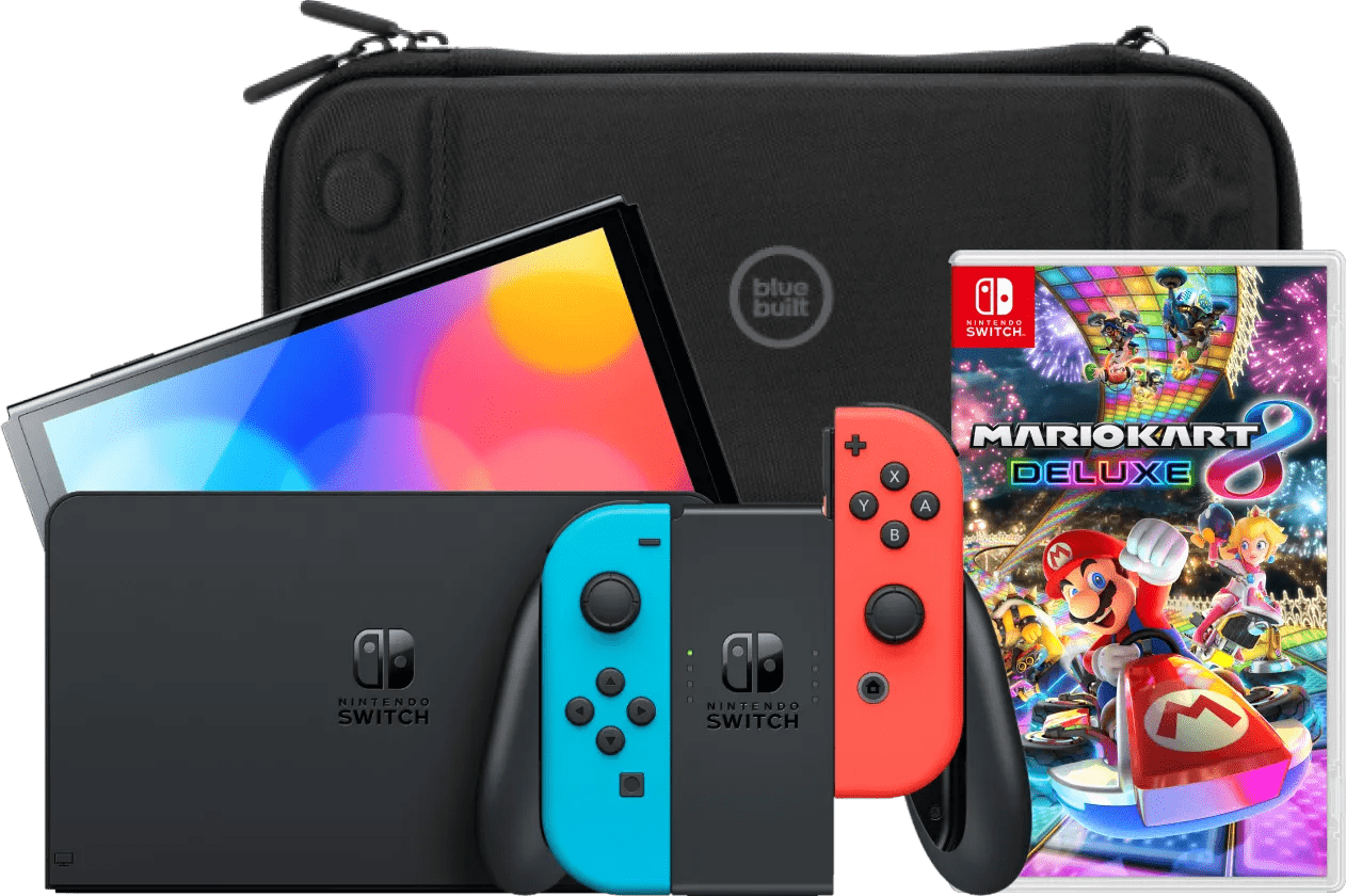 Nintendo switch oled blauw/rood + mario kart 8 deluxe + bluebuilt beschermhoes 1 Nintendo switch oled blauw/rood + mario kart 8 deluxe + bluebuilt beschermhoes