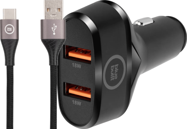 BlueBuilt Quick Charge Autolader 18W Zwart + Usb C Kabel 1