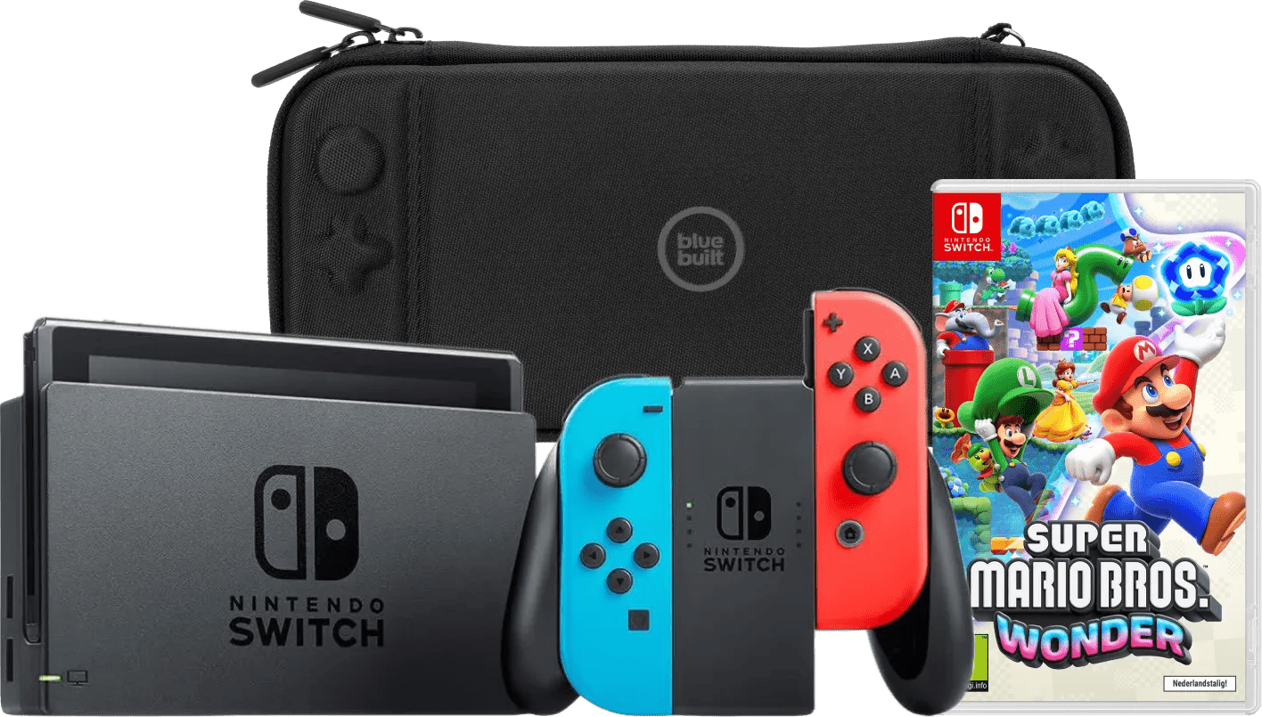 Nintendo switch rood/blauw + super mario bros. Wonder + bluebuilt beschermhoes 1 Nintendo switch rood/blauw + super mario bros. Wonder + bluebuilt beschermhoes