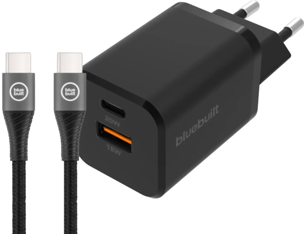 BlueBuilt Snellader met 2 Usb Poorten 38W Zwart + Usb C Kabel 1