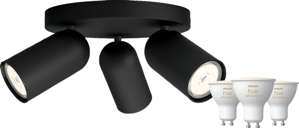 Philips Pongee opbouwspot - 3 spots - zwart + Philips Hue White Ambiance GU10 (3x)