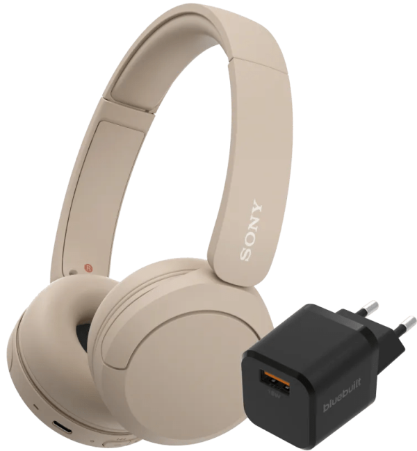 Sony WH-CH520 Crème + BlueBuilt Quick Charge Oplader met Usb A Poort 18W Zwart