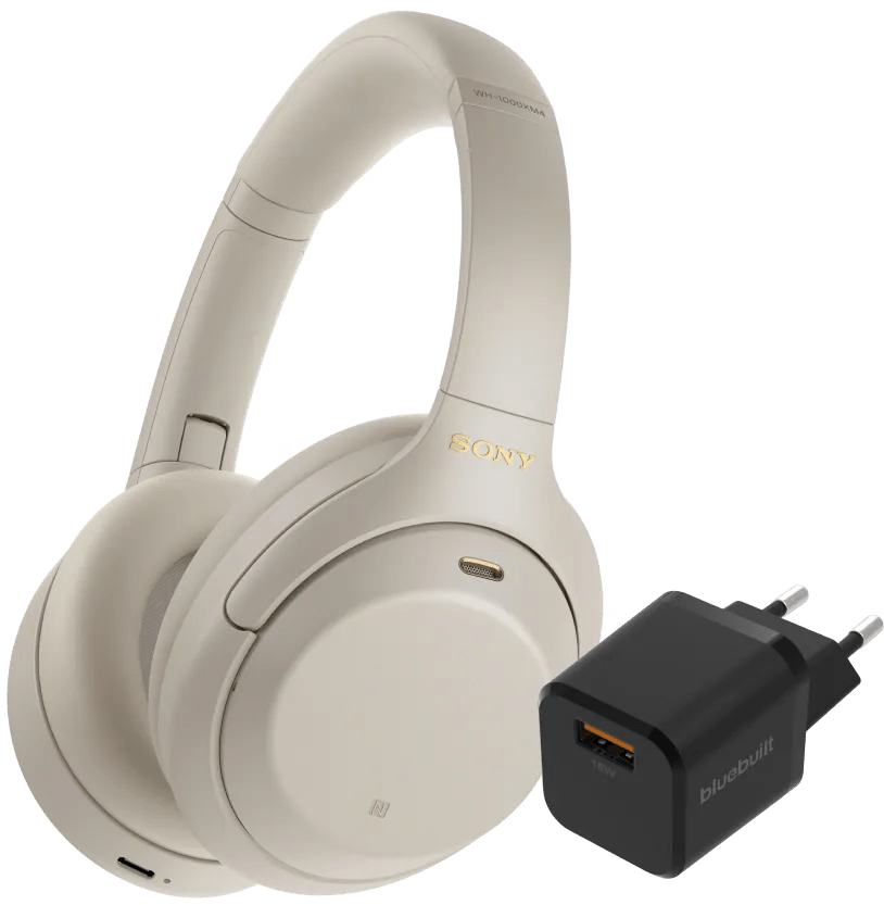 Sony wh-1000xm4 zilver + bluebuilt quick charge oplader met usb a poort 18w zwart 1 Sony wh-1000xm4 zilver + bluebuilt quick charge oplader met usb a poort 18w zwart