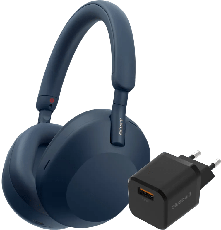Sony wh-1000xm5 blauw + bluebuilt quick charge oplader met usb a poort 18w zwart 1 Sony wh-1000xm5 blauw + bluebuilt quick charge oplader met usb a poort 18w zwart