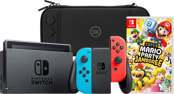 Nintendo Switch Rood/Blauw + Mario Party Jamboree + BlueBuilt Beschermhoes