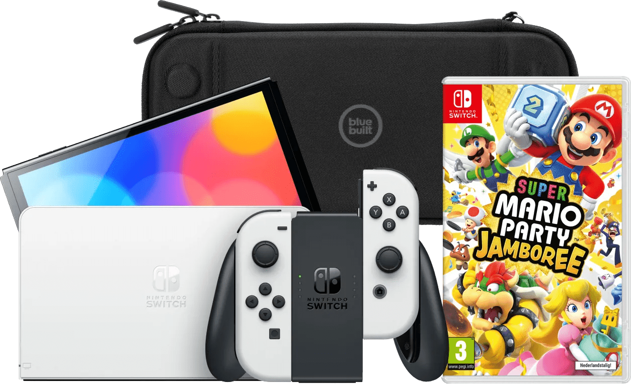 Nintendo switch oled wit + mario party jamboree + bluebuilt beschermhoes 1 Nintendo switch oled wit + mario party jamboree + bluebuilt beschermhoes