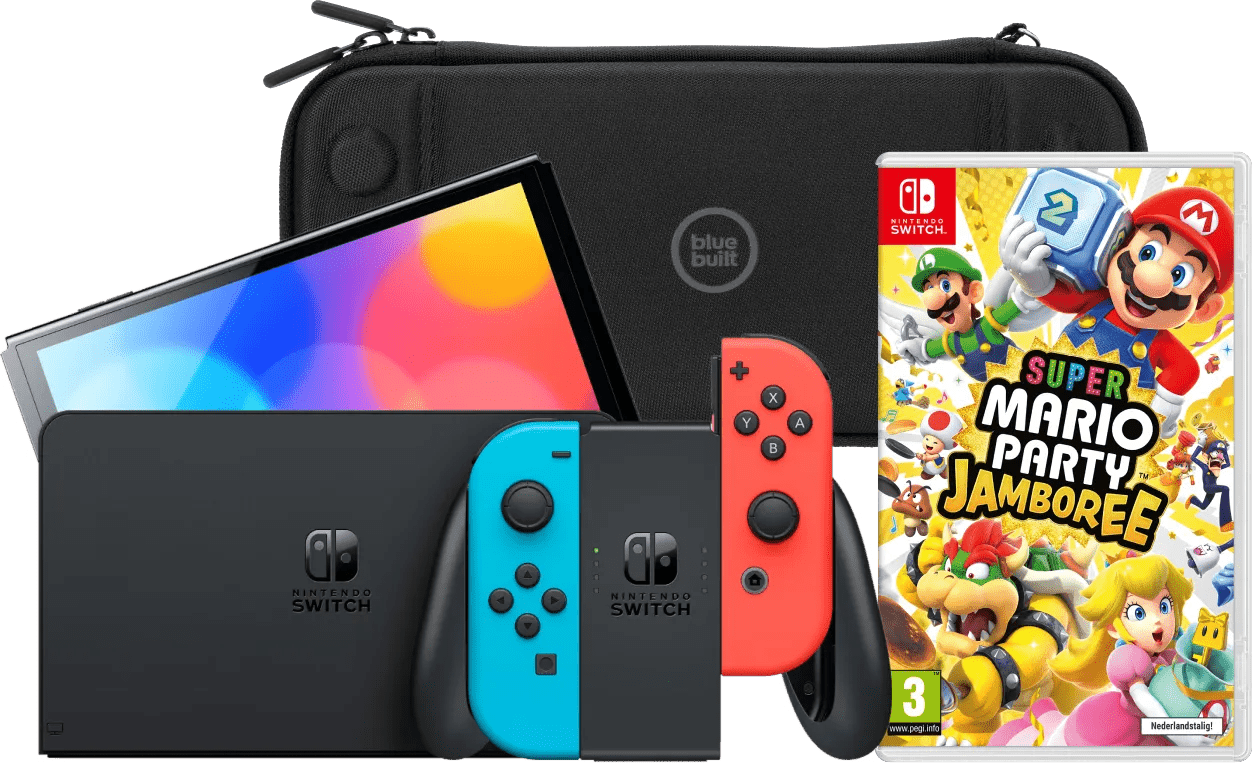 Nintendo switch oled blauw/rood + mario party jamboree + bluebuilt beschermhoes 1 Nintendo switch oled blauw/rood + mario party jamboree + bluebuilt beschermhoes