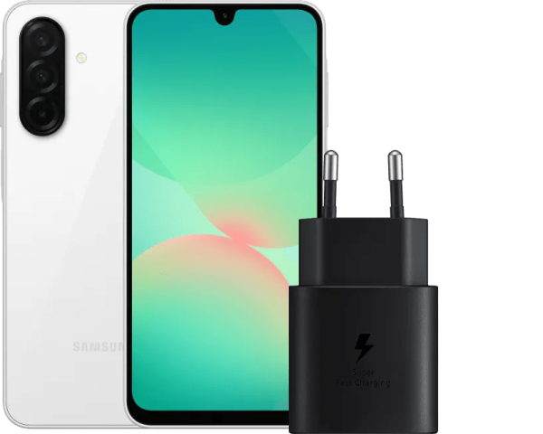 Samsung Galaxy A26 128GB Wit 5G + Samsung Oplader 25 Watt Zwart