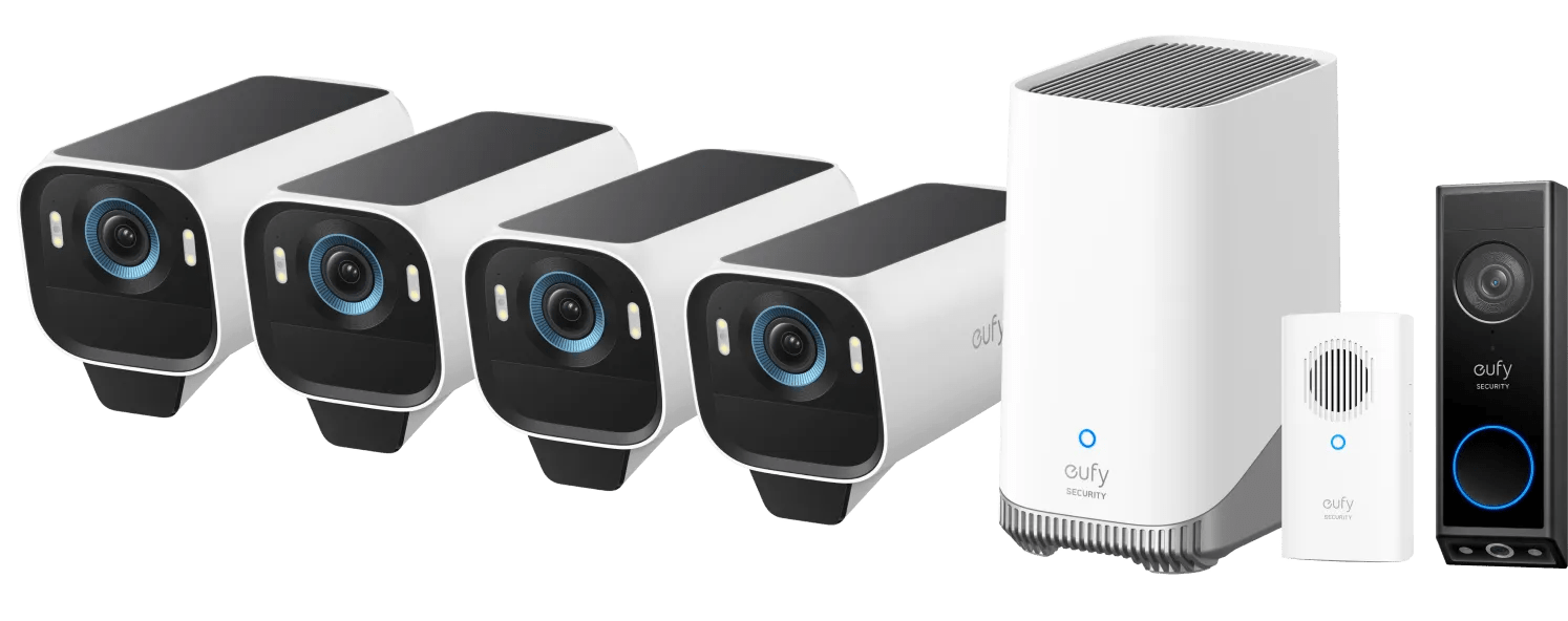 Eufycam s3 pro 4-pack + video doorbell e340 + chime 1 Eufycam s3 pro 4-pack + video doorbell e340 + chime