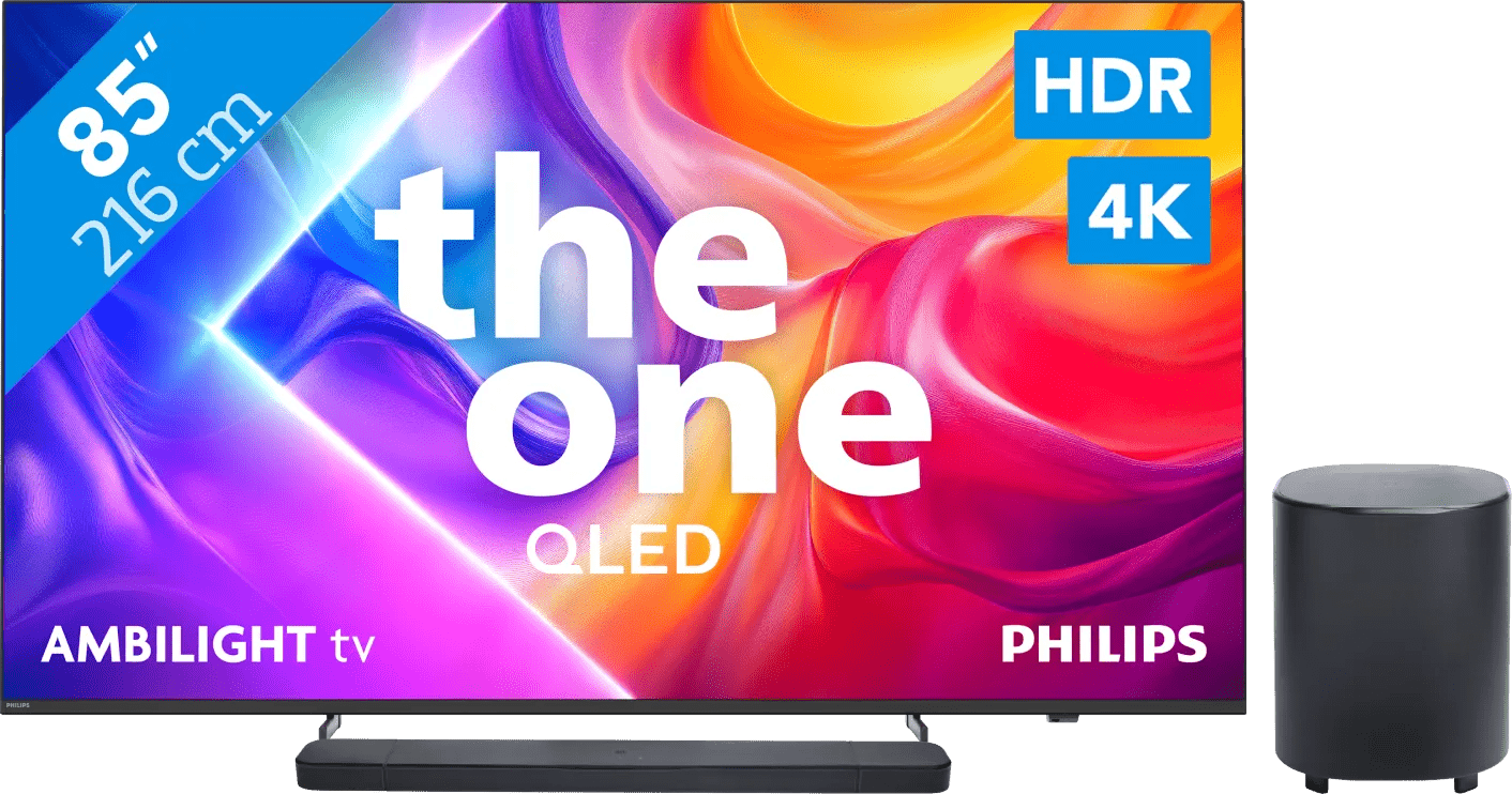 Philips ambilight 85" pus9000 qled 4k (2025) + jbl bar 800 m2 zwart 1 Philips ambilight 85" pus9000 qled 4k (2025) + jbl bar 800 m2 zwart