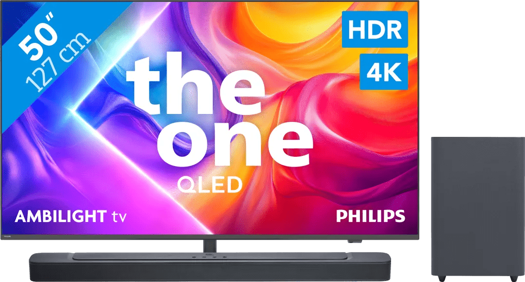 Philips ambilight 50" pus9000 qled 4k (2025) + jbl bar 2. 1 deep bass m2 zwart 1 Philips ambilight 50" pus9000 qled 4k (2025) + jbl bar 2. 1 deep bass m2 zwart