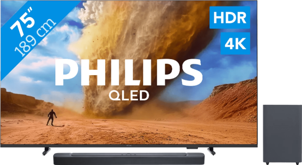 Philips 75" PUS7800 QLED 4K (2025) + JBL Bar 2.1 Deep Bass M2 Zwart