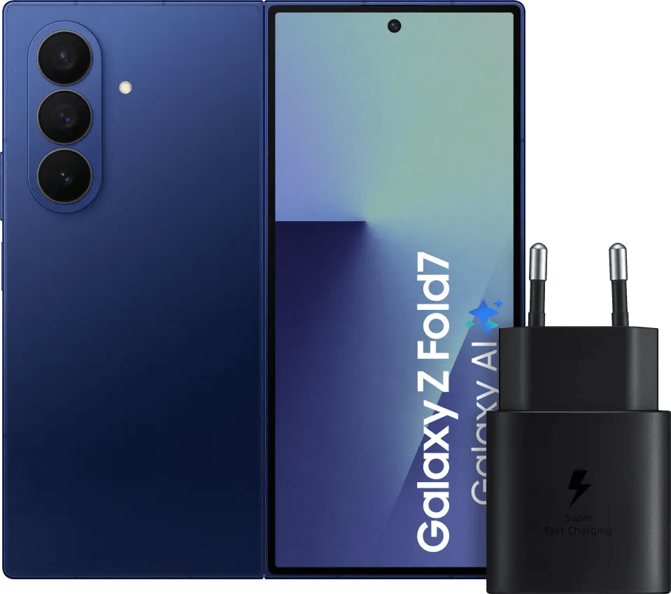 Samsung galaxy z fold 7 512gb blauw 5g + samsung oplader 25 watt zwart 1 Samsung galaxy z fold 7 512gb blauw 5g + samsung oplader 25 watt zwart