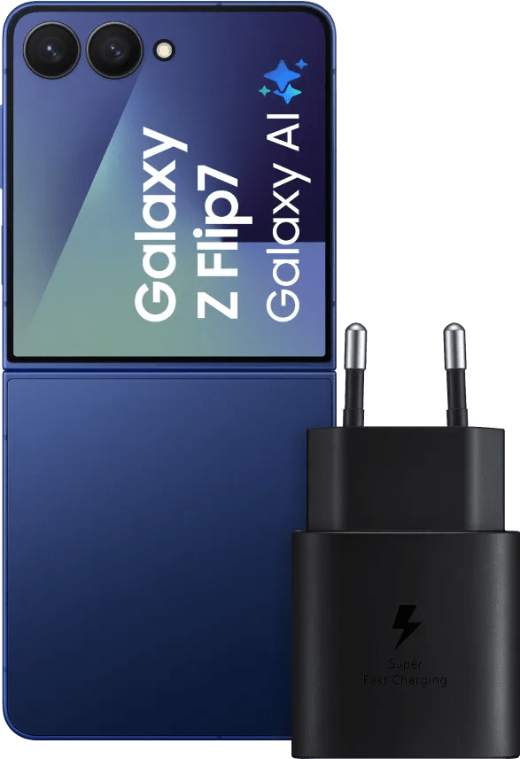 Samsung galaxy z flip 7 512gb blauw 5g + samsung oplader 25 watt zwart 1 Samsung galaxy z flip 7 512gb blauw 5g + samsung oplader 25 watt zwart