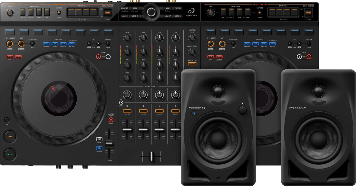 Alphatheta ddj-grv6 + pioneer dj dm-40d-bt zwart 1 Alphatheta ddj-grv6 + pioneer dj dm-40d-bt zwart