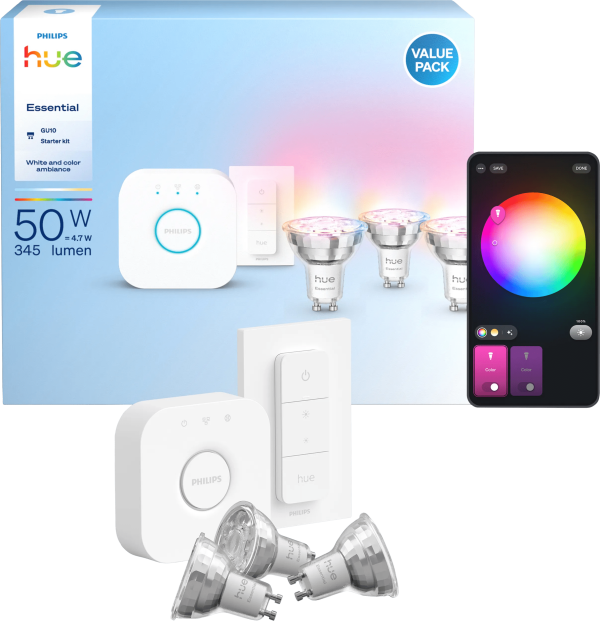 Philips Hue Essential White and Color Starter Pack GU10 3-pack + Bridge + Dimmer