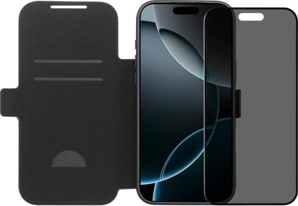 Bluebuilt apple iphone 17 pro max book case leer zwart + bluebuilt iphone 17 pro max privacy screenprotector glas