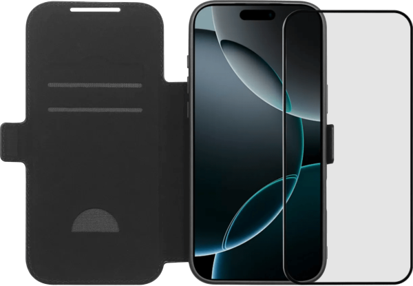 BlueBuilt Apple iPhone 17 Pro Max Book Case Leer Zwart + BlueBuilt iPhone 17 Pro Max Screenprotector Glas