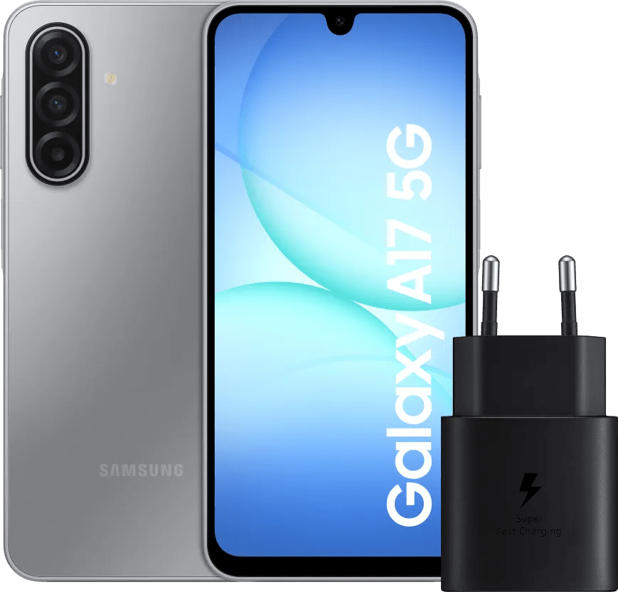 Amsung galaxy a17 128gb grijs 5g + samsung oplader 25 watt zwart 1 Amsung galaxy a17 128gb grijs 5g + samsung oplader 25 watt zwart