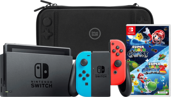 Nintendo Switch Rood/Blauw + Super Mario Galaxy 1+2 + BlueBuilt Beschermhoes