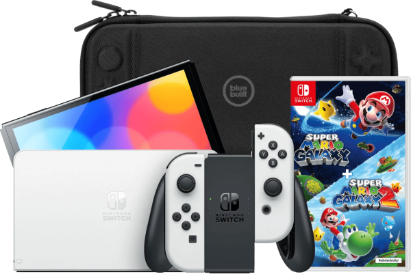 Nintendo Switch OLED Wit + Super Mario Galaxy 1+2 + BlueBuilt Beschermhoes