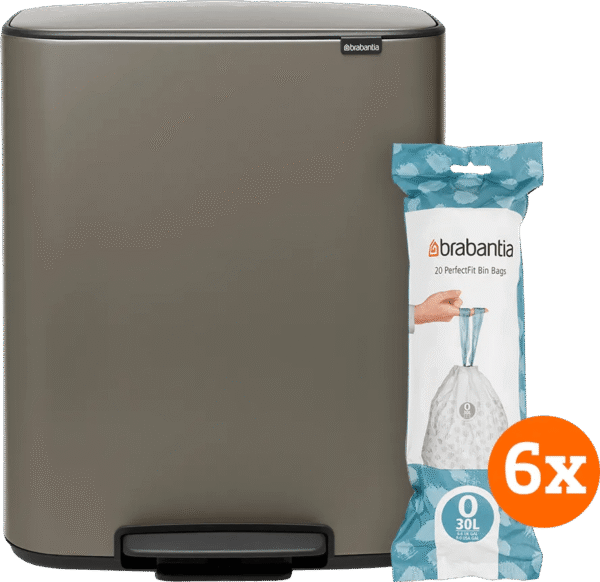 Brabantia Bo Pedal Bin 2 x 30 Liter Platinum + Vuilniszakken (120 stuks)