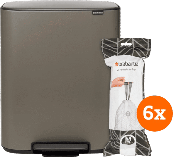 Brabantia Bo Pedal Bin 60 Liter Platinum + Vuilniszakken (120 stuks)