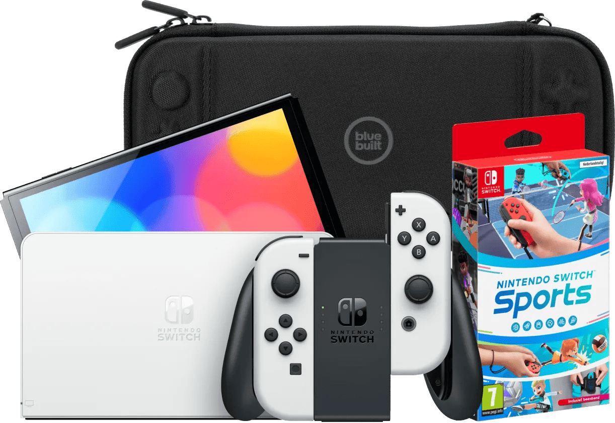 Nintendo switch oled wit + nintendo switch sports + bluebuilt beschermhoes 1 Nintendo switch oled wit + nintendo switch sports + bluebuilt beschermhoes