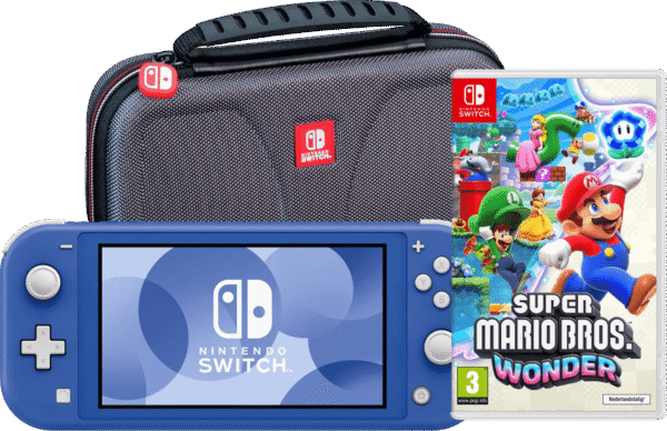 Nintendo Switch Lite Blauw + Super Mario Bros. Wonder + Beschermhoes