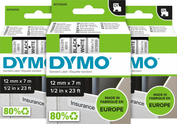 DYMO D1 12mm x 7m Zwart Wit Labels 3-pack