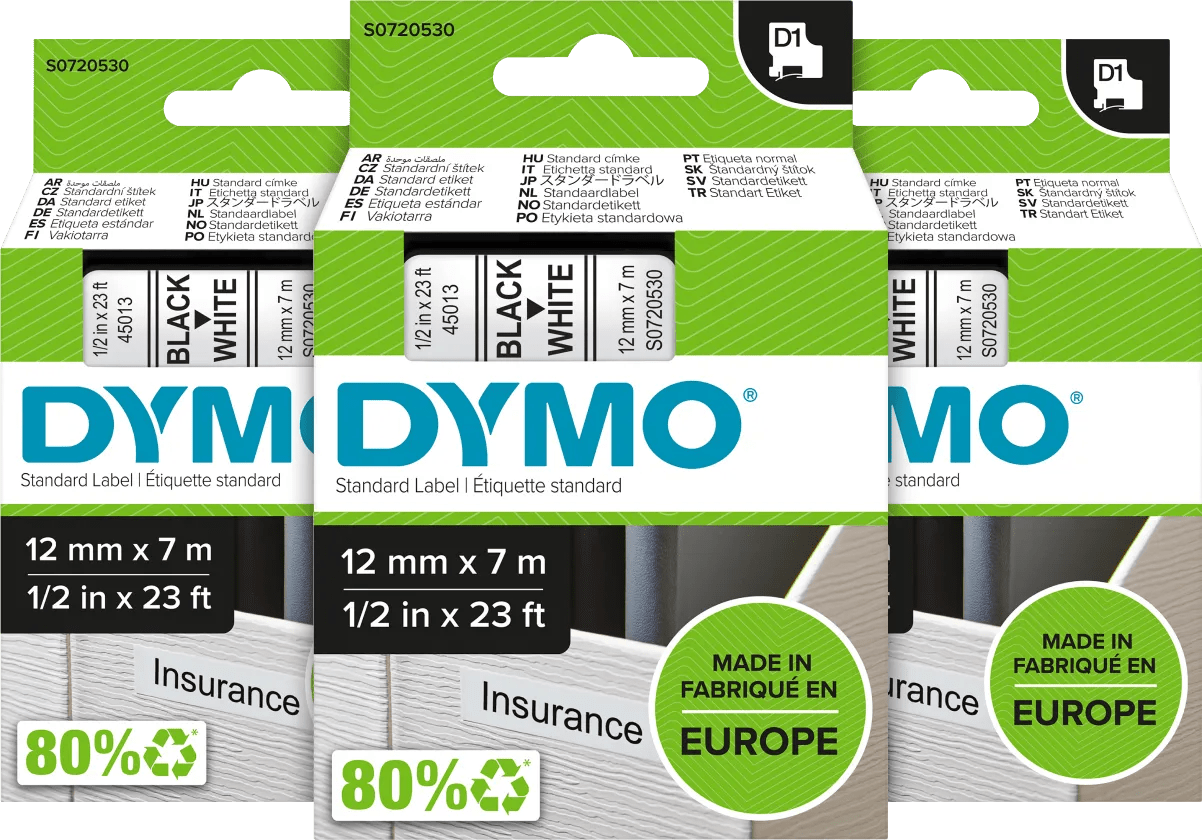 Dymo d1 12mm x 7m zwart wit labels 3-pack 1 Dymo d1 12mm x 7m zwart wit labels 3-pack