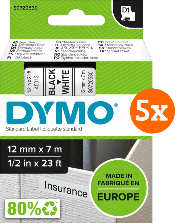 DYMO D1 12mm x 7m Zwart Wit Labels 5-pack