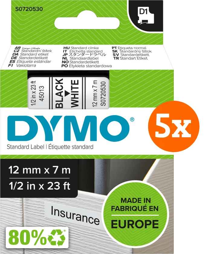 Dymo d1 12mm x 7m zwart wit labels 5-pack 1 Dymo d1 12mm x 7m zwart wit labels 5-pack