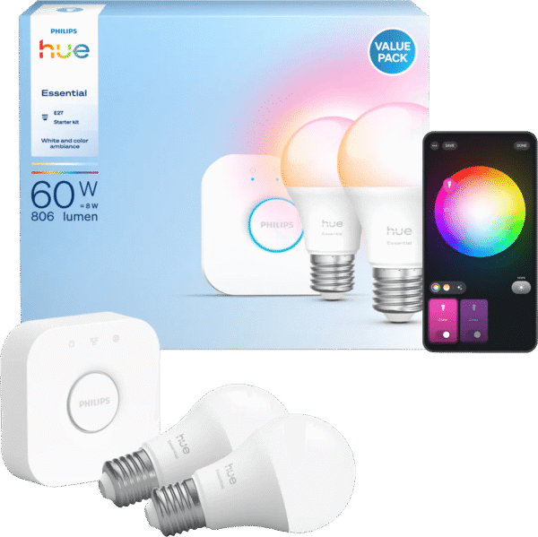 Philips Hue Essential A60 White and Color Starter Pack E27 806lm 2-pack + Bridge