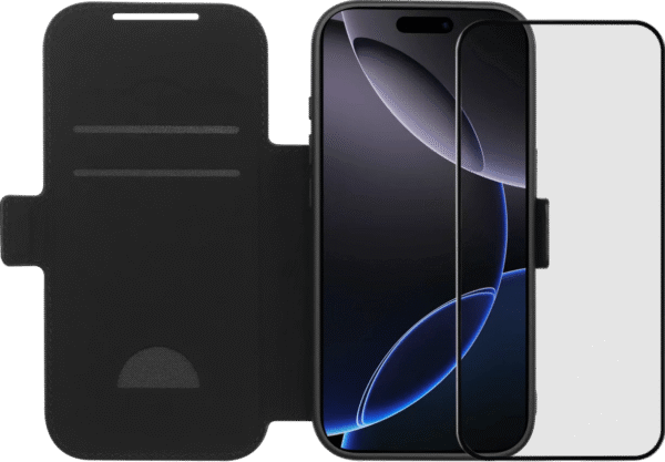 BlueBuilt Apple iPhone 17 Pro Book Case Leer Zwart + BlueBuilt iPhone 17 Pro Screenprotector Glas