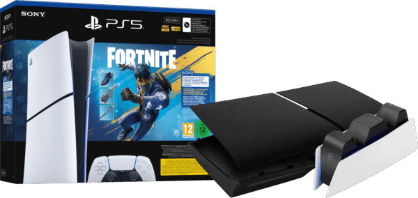 PlayStation 5 Slim Digital Edition Fortnite bundel + Covers Zwart + Oplaadstation