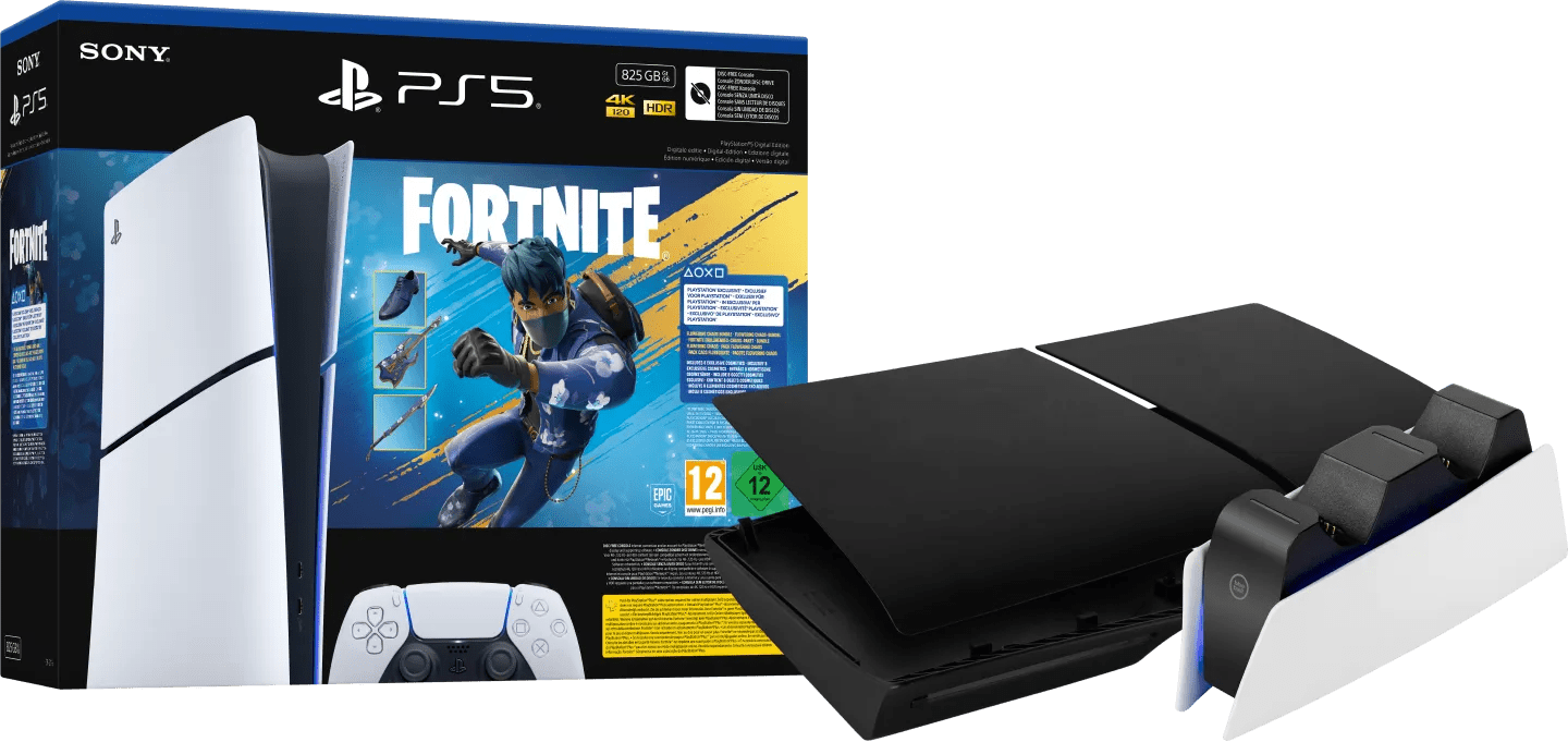Playstation 5 slim digital edition fortnite bundel + covers zwart + oplaadstation 1 Playstation 5 slim digital edition fortnite bundel + covers zwart + oplaadstation
