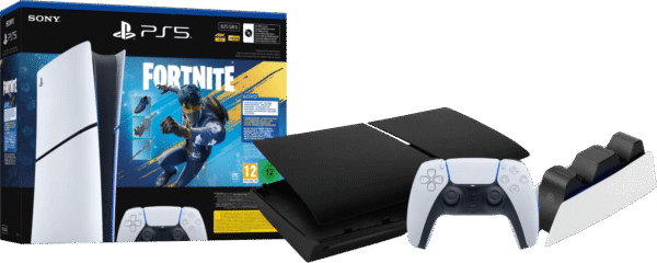 PS5 Slim Digital Edition Fortnite bundel + Covers Zwart + Extra Controller Wit + Oplaadstation