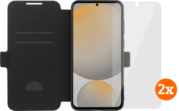 Bluebuilt samsung galaxy s25 fe book case zwart + screenprotector glas duo pack